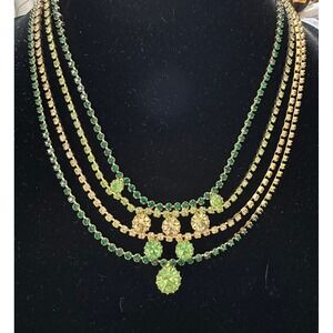 Vintage Coro Green & Citrine Rhinestone Multi Strand Necklace